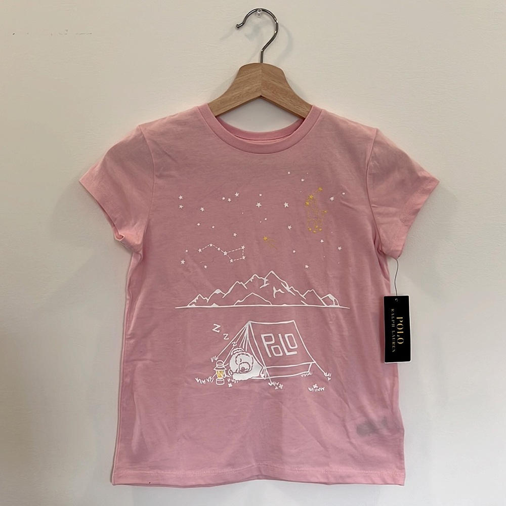 Girls Polo Ralph Lauren Med (8-10) Pink Tee w/ Constellations, Mountains, & Bear